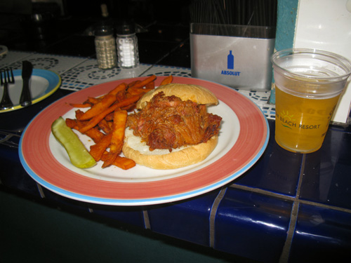 sloppy joes bar meal of pulled pork and sweet potato fries