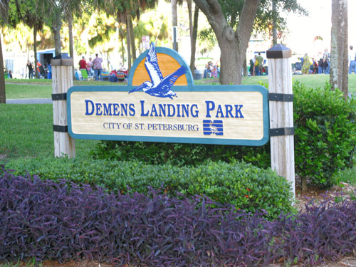 american stage in the park, st petersburg fl, demens landing park sign