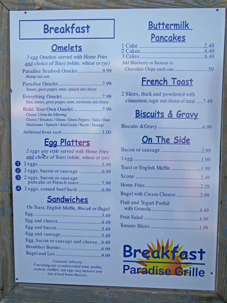 menu breakfast at paradise grille on pass-a-grille beach