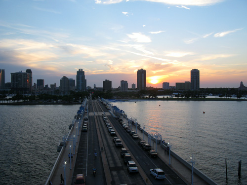 dinner at chacha coconuts view of sunset over downtown st pete