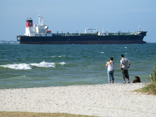 huge tankers pass by the fort desoto dog beach